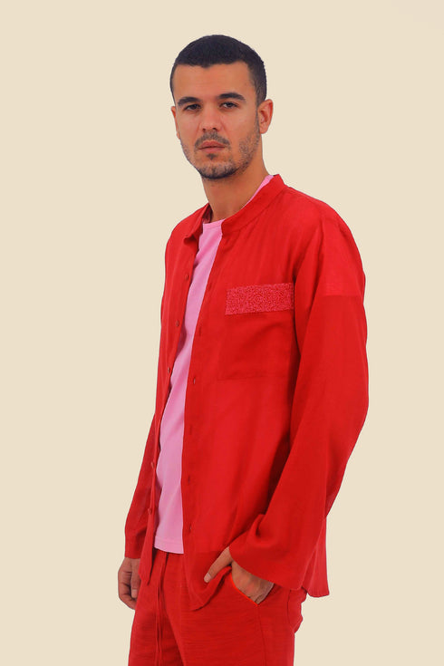 Embroidered shirt in cotton gauze with pocket